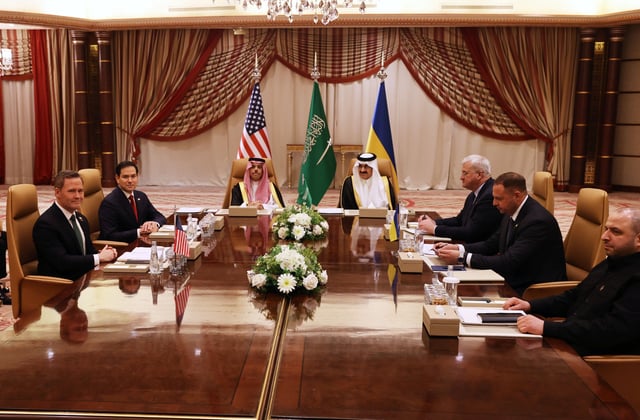 This image from March 11 in Jeddah, Saudi Arabia shows U.S. National Security Advisor Mike Waltz and Secretary of State Marco Rubio with Ukraine&#39;s Foreign Minister Andrii Sybiha and other Ukrainian and Saudi officials.