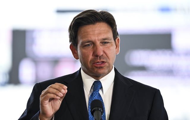 Florida Governor Ron DeSantis speaks during a news conference at Chase Stadium in Fort Lauderdale, Florida, on August 8, 2024.