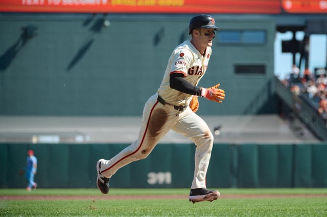 Sep 28, 2024; San Francisco, California, USA; San Francisco Giants infielder Mark Canha (16) runs toward home plate to score a run against the St. Louis Cardinals during the first inning at Oracle Park. Mandatory Credit: Robert Edwards-Imagn Images/File Photo
