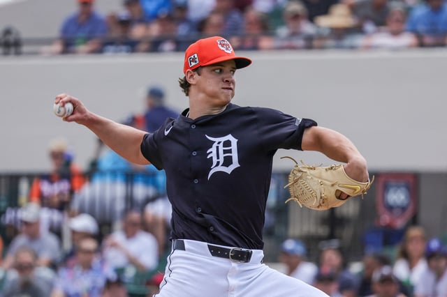 Mar 13, 2025; Lakeland, Florida, USA; Detroit Tigers pitcher Jackson Jobe (21) pitches during the first inning against the New York Yankees at Publix Field at Joker Marchant Stadium. Mandatory Credit: Mike Watters-Imagn Images/File Photo