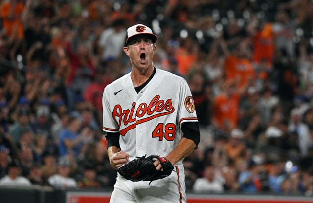 Orioles pitcher Kyle Gibson reacts after striking out Blue Jays&#39; Brandon Belt to end the top of the eighth inning. The Orioles defeated the Blue Jays 5-3 at Oriole Park at Camden Yards.
Aug. 24, 2023