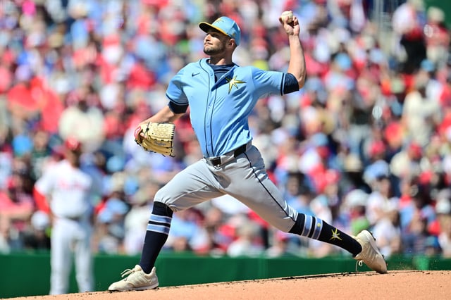 CLEARWATER, FLORIDA - MARCH 06: Shane McClanahan #18 of the Tampa Bay Rays delivers a pitch in the first inning against the Philadelphia Phillies during a Grapefruit League spring training game at BayCare Ballpark on March 06, 2025 in Clearwater, Florida.