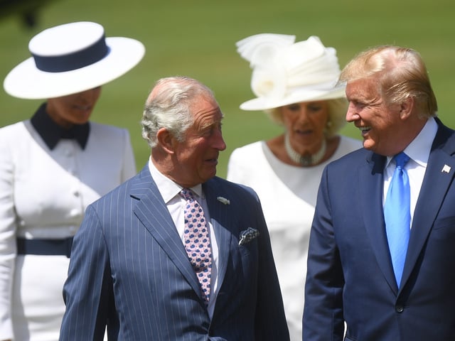 LONDON, ENGLAND - JUNE 03: (L-R) U.S. President Donald Trump and the Prince Charles, Prince of Wales during the Ceremonial Welcome at Buckingham Palace on the first day of the U.S. president and First Lady's three-day State visit on June 3, 2019 in London, England. President Trump's three-day state visit will include lunch with the Queen, and a State Banquet at Buckingham Palace, as well as business meetings with the Prime Minister and the Duke of York, before travelling to Portsmouth to mark the 75th anniversary of the D-Day landings. (Photo by Victoria Jones - WPA Pool/Getty Images)