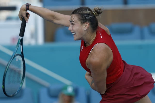 Mar 20, 2025; Miami, FL, USA; Aryna Sabalenka serves against Viktoriya Tomova (BUL)(not pictured) on day three of the Miami Open at Hard Rock Stadium. Geoff Burke-Imagn Images/File Photo