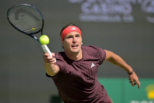 Mar 7, 2025; Indian Wells, CA, USA; Alexander Zverev (GER) hits a shot against Tallon Griekspoor (not pictured) in his second round match during the BNP Paribas Open at the Indian Well Tennis Garden. Jayne Kamin-Oncea-Imagn Images/File Photo