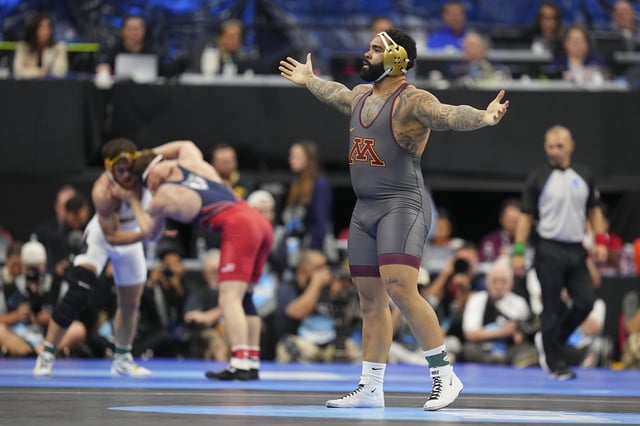 Gable Steveson of the Minnesota Golden Gophers reacts during the 2025 NCAA Division I Men&#39;s Wrestling Championship at the Wells Fargo Center on March 20, 2025 in Philadelphia, Pennsylvania.
