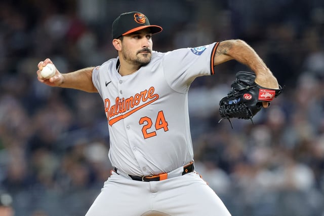 Sep 25, 2024; Bronx, New York, USA; Baltimore Orioles starting pitcher Zach Eflin (24) pitches against the New York Yankees during the first inning at Yankee Stadium. Brad Penner-Imagn Images/File Photo