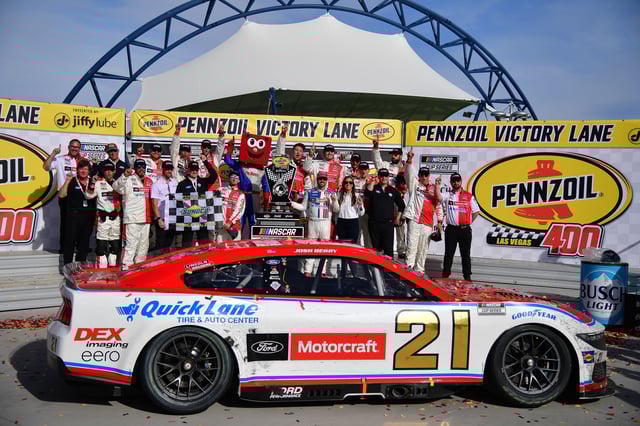 Mar 16, 2025; Las Vegas, Nevada, USA; NASCAR Cup Series driver Josh Berry (21) poses for photos following his victory of the Pennzoil 400 at Las Vegas Motor Speedway. Mandatory Credit: Gary A. Vasquez-Imagn Images/File Photo
