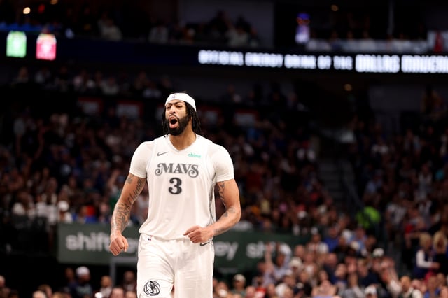 Anthony Davis #3 of the Dallas Mavericks reacts after a basket during the third quarter against the Houston Rockets at American Airlines Center on February 08, 2025 in Dallas, Texas.
