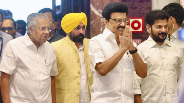 Tamil Nadu chief minister MK Stalin, Kerala CM Pinarayi Vijayan, Telangana CM Revanth Reddy and Punjab CM Bhagwant Mann during the first Joint Action Committee in Chennai on Saturday. (PTI)