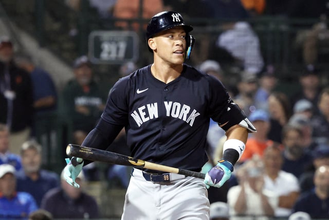 Mar 20, 2025; Sarasota, Florida, USA;  New York Yankees outfielder Aaron Judge (99) looks on after he strikes out during the fifth inning against the Baltimore Orioles at Ed Smith Stadium. Mandatory Credit: Kim Klement Neitzel-Imagn Images
