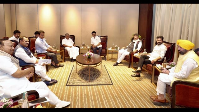 Tamil Nadu CM MK Stalin, deputy CM Udhayanidhi Stalin, Kerala CM Pinarayi Vijayan, Telangana CM Revanth Reddy, Punjab CM Bhagwant Mann, Karnataka Deputy CM DK Shivakumar, DMK leader TR Baalu, BRS leader KT Rama Rao and others during the first Joint Action Committee (JAC) meeting of states over the proposed delimitation of Parliamentary seats by the Centre, in Chennai, Saturday. (PTI)