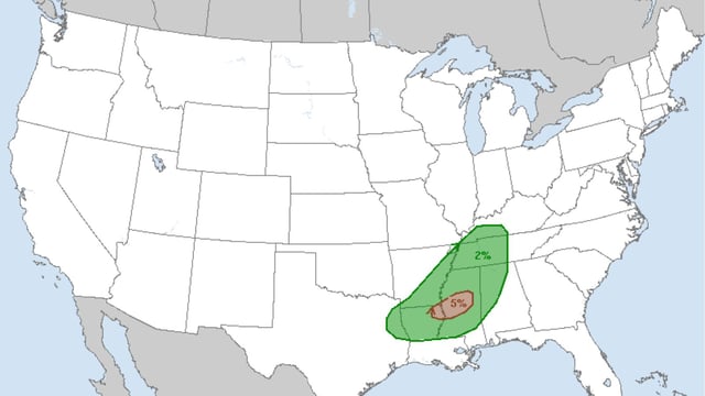 Three states face a 5 percent chance of tornado formations, according tothe National Weather Service.