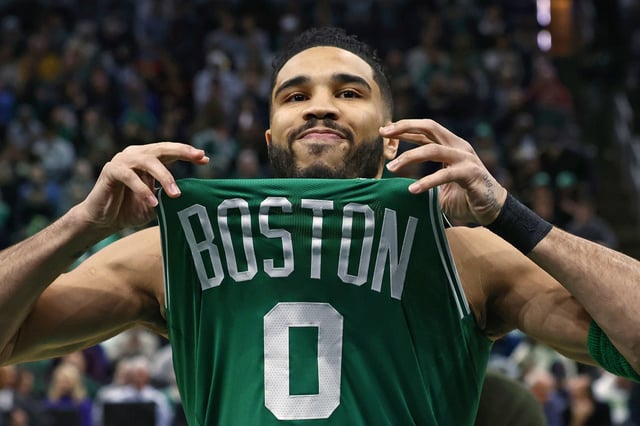Jayson Tatum #0 of the Boston Celtics shows his jersey to fans before their game against the Denver Nuggets at TD Garden on March 2, 2025 in Boston, Massachusetts. 