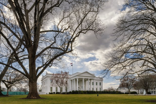 The White House is framed in the trees under a cloudy sky on March 9, 2025, in Washington, DC.
