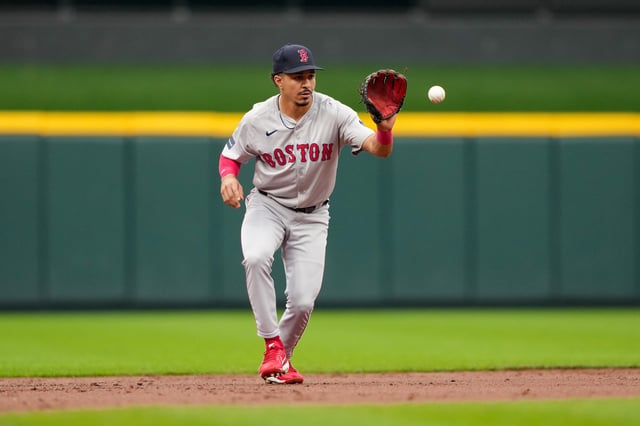 CINCINNATI, OHIO - JUNE 23: David Hamilton #70 of the Boston Red Sox fields a ground ball in the second inning against the Cincinnati Reds at Great American Ball Park on June 23, 2024 in Cincinnati, Ohio.