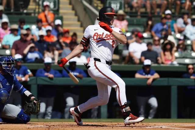 Feb 27, 2025; Sarasota, Florida, USA;  Baltimore Orioles shortstop Gunnar Henderson (2) at bat during the first inning and then left the game during the inning against the Toronto Blue Jaysat Ed Smith Stadium. Mandatory Credit: Kim Klement Neitzel-Imagn Images/File Photo