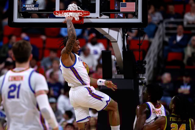 Alijah Martin #15 of the Florida Gators reacts following a dunk against the Norfolk State Spartans in the second half during a first round game of the men&#39;s NCAA basketball tournament at Lenovo Center on March 21, 2025 in Raleigh, North Carolina.