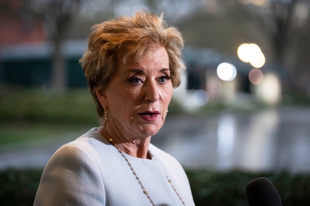 FILE - Secretary of Education Linda McMahon speaks to reporters at the White House in Washington, Thursday, March 20, 2025. (AP Photo/Ben Curtis, File)