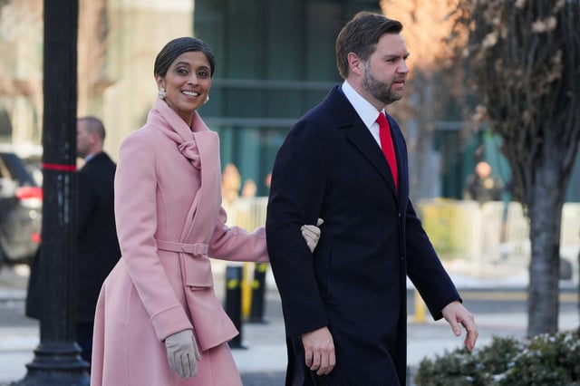 U.S. Vice President-elect JD Vance and his wife Usha Vance arrive for a service at St. John's Church on Inauguration Day of Donald Trump's second presidential term in Washington, U.S. January 20, 2025. REUTERS/Jeenah Moon/File Photo