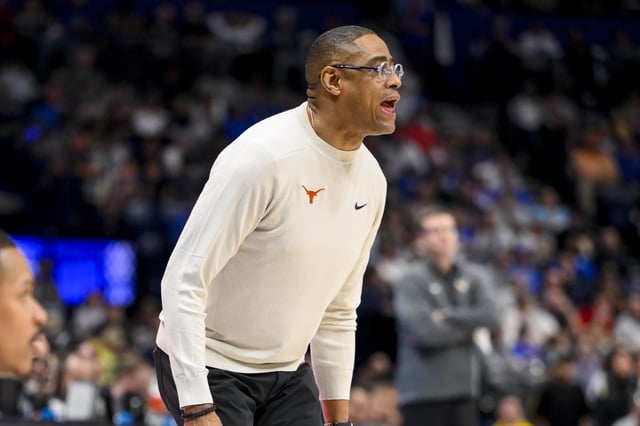 Mar 12, 2025; Nashville, TN, USA;  Texas Longhorns head coach Rodney Terry screams instructions to his team against the Vanderbilt Commodores during the first half at Bridgestone Arena. Steve Roberts-Imagn Images/File Photo