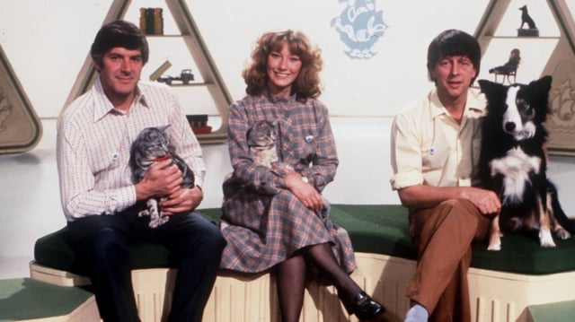 Peter Purves, Lesley Judd and John Noakes with a few of the famous Blue Peter cats and dogs