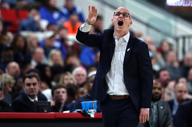 RALEIGH, NORTH CAROLINA - MARCH 21: Head coach Dan Hurley of the Connecticut Huskies reacts during the first half in the first round of the NCAA Men&#39;s Basketball Tournament against the Oklahoma Sooners at Lenovo Center on March 21, 2025 in Raleigh, North Carolina.