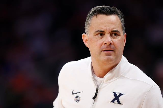 Head coach Sean Miller of the Xavier Musketeers looks on in the first half of a quarterfinal game against the Marquette Golden Eagles during the Big East Men&#39;s Basketball Tournament at Madison Square Garden on March 13, 2025 in New York City.