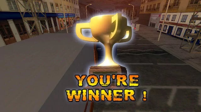 Victory screen of Big Rigs showing infamous "You're Winner" message under a three-handle gold trophy