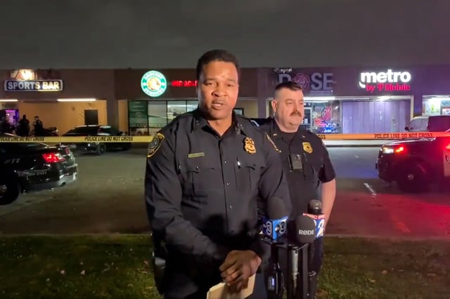 Houston Police Assistant Chief J. Skelton provides a briefing on the shooting at 6419 Hillcroft Ave. in Houston on Sunday.