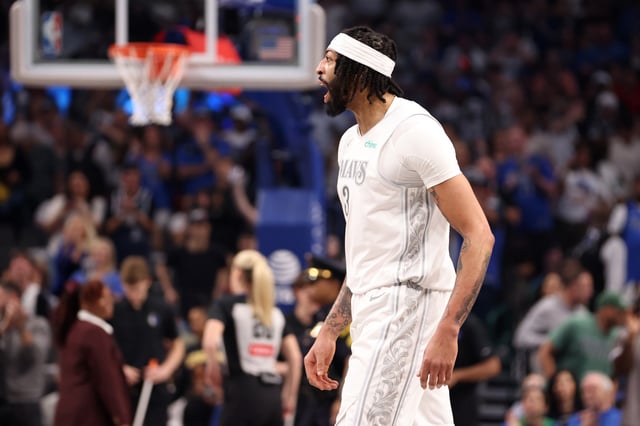 DALLAS, TEXAS - FEBRUARY 08: Anthony Davis #3 of the Dallas Mavericks reacts after making a three point basket against the Houston Rockets during the first half at American Airlines Center on February 08, 2025 in Dallas, Texas.