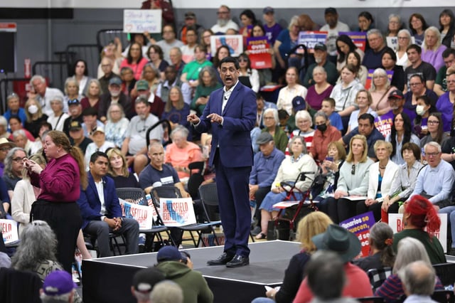 Rep. Ro Khanna holds a town hall meeting at MLK Community Center in Bakersfield, California on March 23, 2025, the first of three town hall events he was set to hold in Republican-held congressional districts across the state.