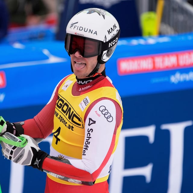 Austria's Lukas Feurstein reacts after his men's super-G run at the World Cup Finals, Sunday, March 23, 2025, in Sun Valley, Idaho. (AP Photo/John Locher)