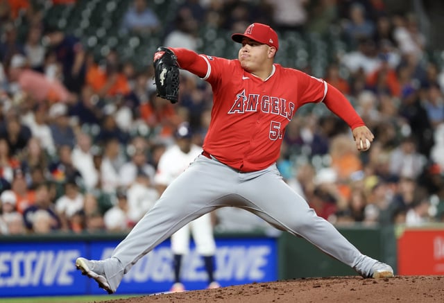 Sep 19, 2024; Houston, Texas, USA;   Los Angeles Angels starting pitcher Jose Suarez (54) pitches against the Houston Astros in the second inning at Minute Maid Park. Mandatory Credit: Thomas Shea-Imagn Images/File Photo
