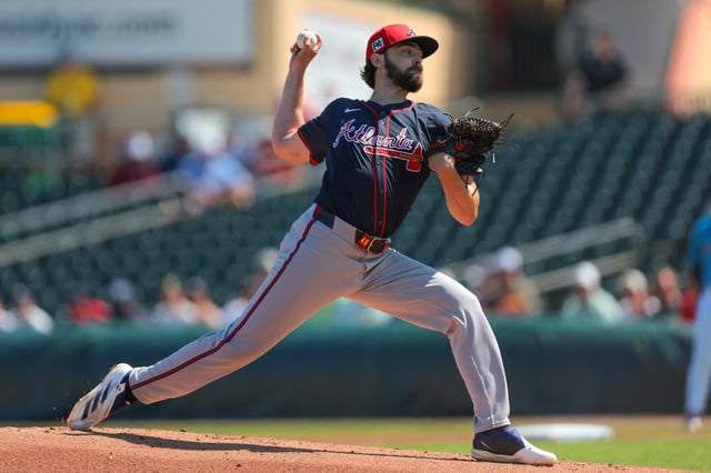 Feb 28, 2025; Jupiter, Florida, USA; Atlanta Braves starting pitcher Ian Anderson (48) delivers a pitch against the Miami Marlins during the first inning at Roger Dean Chevrolet Stadium. Mandatory Credit: Sam Navarro-Imagn Images/File Photo