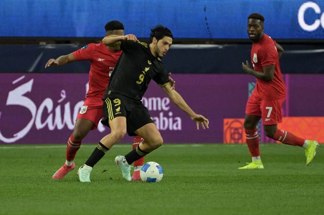 Mar 23, 2025; Inglewood, California, USA; Mexico forward Raul Jimenez (9) kicks the ball past Panama defender Cesar Blackman (2) in the second half during the Concacaf Nations League final at SoFi Stadium. Mandatory Credit: Jayne Kamin-Oncea-Imagn Images