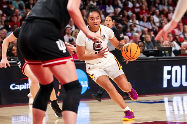 Mar 23, 2025; Columbia, South Carolina, USA; South Carolina Gamecocks guard Te-Hina Paopao (0) drives against the Indiana Hoosiers in the second half at Colonial Life Arena. Mandatory Credit: Jeff Blake-Imagn Images