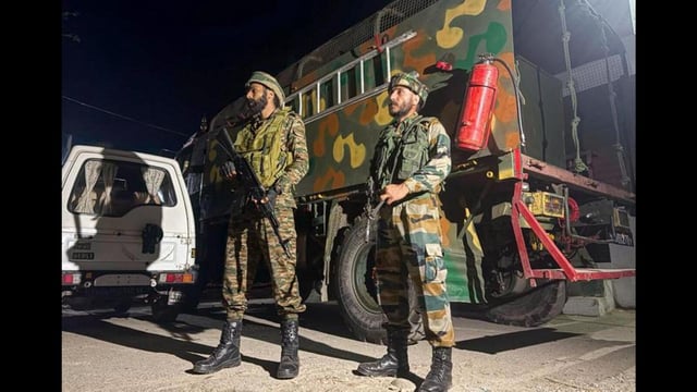Security personnel keeping strict vigil during a joint search operation launched by Jammu and Kashmir Police and troops of Rising Star Corps on an input regarding the presence of terrorists at Sanyal in Hiranagar sector of Kathua on Sunday. (ANI Photo)