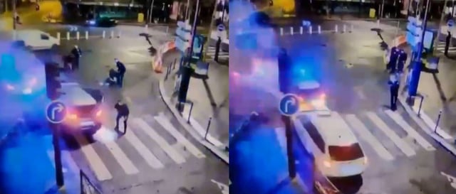 Capture d'écran de la scène filmée par une caméra de vidéosurveillance, avant et après le troisième choc, entre l'avenue du Maine et le boulevard du Montparnasse, à Paris, le 22 mars 2025.
