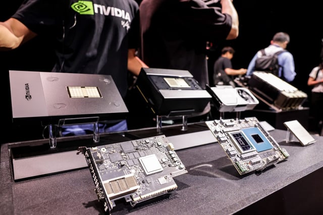 Nvidia chips on display during the Taipei Computex expo in Taipei on May 29, 2023.