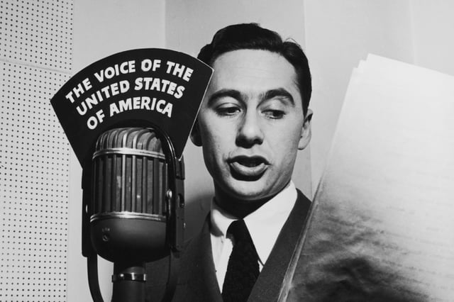 Russian-born writer and broadcaster Victor Franzusoff (1911 - 1996) broadcasts to The Soviet Union from the Voice Of America studios in New York, 12th March 1948. 