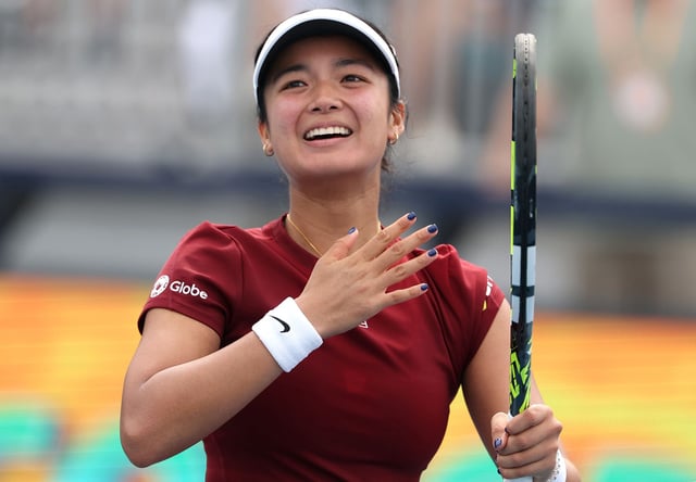 MIAMI GARDENS, FLORIDA - MARCH 23:  Alexandra Eala of Philippines celebrates her win against Madison Keys during Day 6 of the Miami Open at Hard Rock Stadium on March 23, 2025 in Miami Gardens, Florida. (Photo by Al Bello/Getty Images)