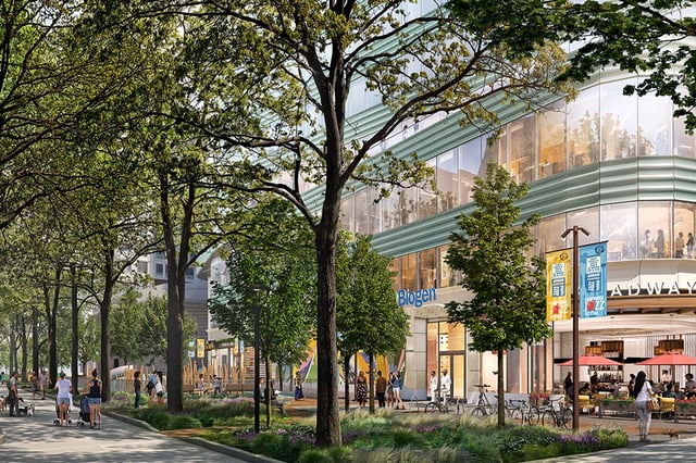 Street view of the planned Biogen headquarters at the corner of Kendall Square’s 6th Street Walkway and Broadway.