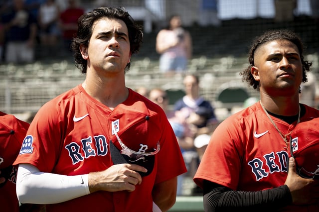 FORT MYERS, FLORIDA - MARCH 14: Marcelo Mayer #39 of the Boston Red Sox looks on during the National Anthem before an exhibition game against the Minnesota Twins at JetBlue Park at Fenway South on March 14, 2025 in Fort Myers, Florida. (Photo by Maddie Malhotra/Boston Red Sox/Getty Images)