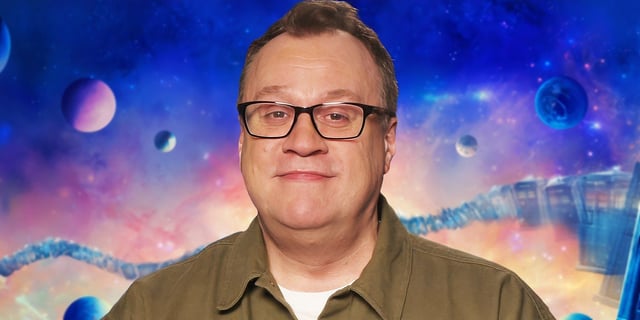Russell T. Davies over a blue galaxy background for a custom Doctor Who interview image