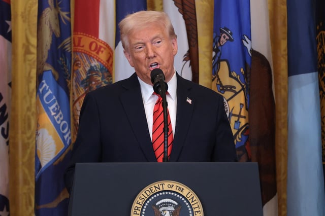 U.S. President Donald Trump delivers remarks in the White House on March 20, 2025 in Washington, DC.