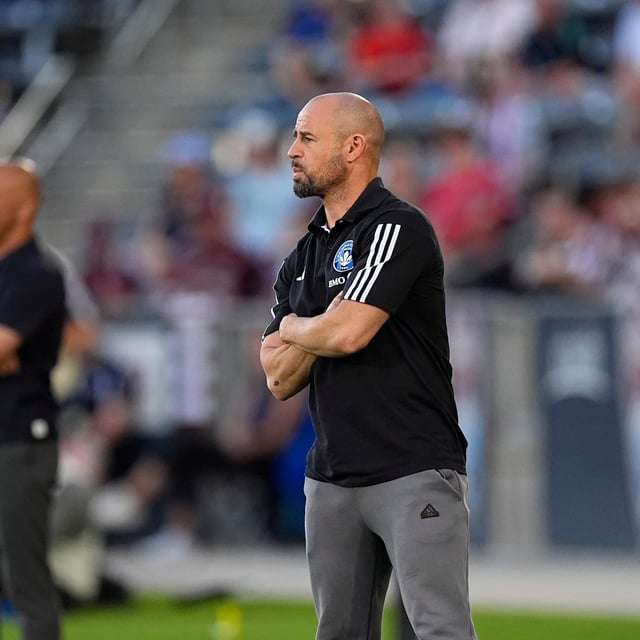 CF Montréal head coach Laurent Courtois in the first half of an MLS soccer match Saturday, June 22, 2024, in Commerce City, Colo. (AP Photo/David Zalubowski)