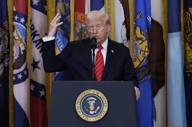 President Donald Trump speaks at an education event and executive order signing in the East Room of the White House in Washington, Thursday, March 20, 2025. (AP Photo/Jose Luis Magana)