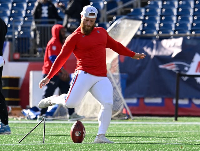 Dec 1, 2024; Foxborough, Massachusetts, USA; New England Patriots place kicker Joey Slye (13) warms up before a game against the Indianapolis Colts at Gillette Stadium. Mandatory Credit: Eric Canha-Imagn Images/File Photo
