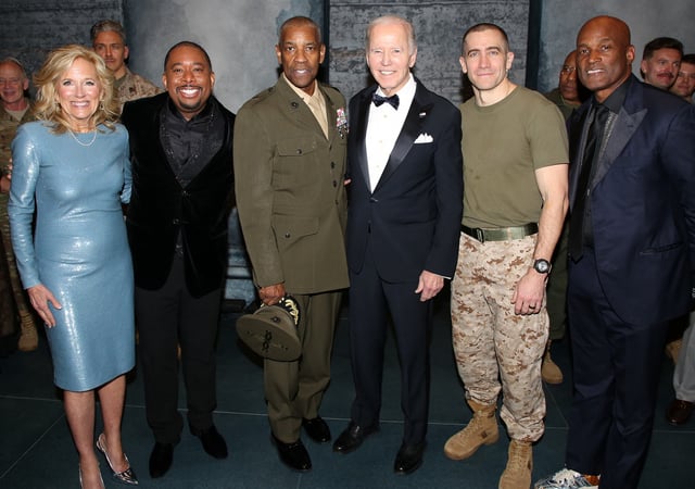 NEW YORK, NEW YORK - MARCH 23: (L-R) Dr. Jill Biden, Producer Brian Moreland, Denzel Washington, Former U.S. President Joe Biden, Jake Gyllenhaal, Kenny Leon pose backstage on opening night of &#34;Othello&#34; on Broadway at The Barrymore Theatre on March 23, 2025 in New York City. (Photo by Bruce Glikas/WireImage)